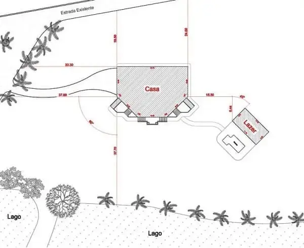 Anteprojeto de arquitetura: Planta de localização de um imóvel dentro de uma fazenda