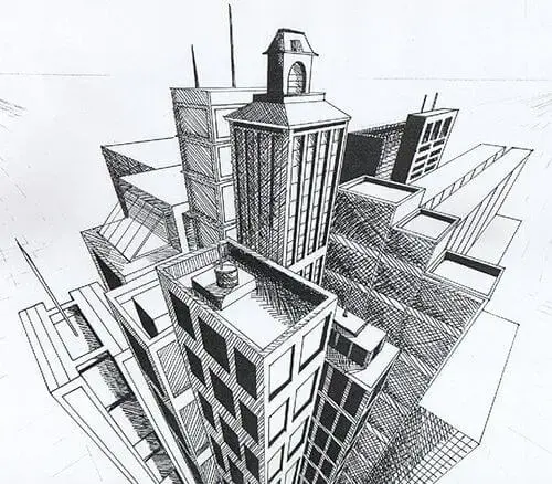 Ponto de fuga: desenho com três pontos de fuga (cidade)