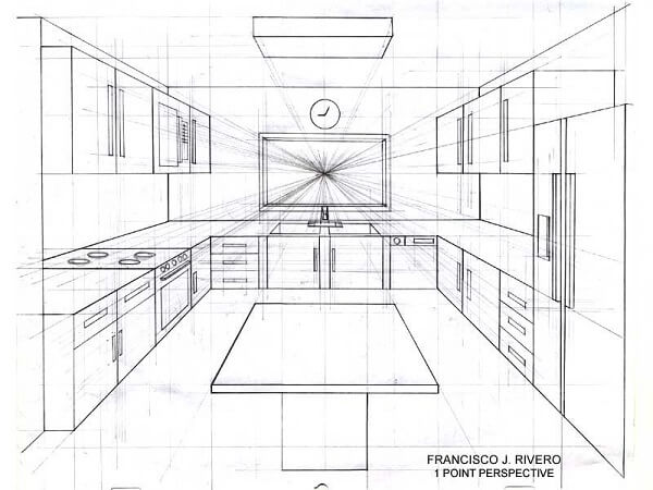 Ponto de fuga: desenho com um ponto de fuga - cozinha