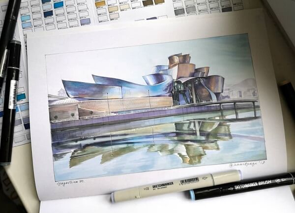 Desenhos de arquitetura: Guggenheim Museum Bilbao (@aaartpage)