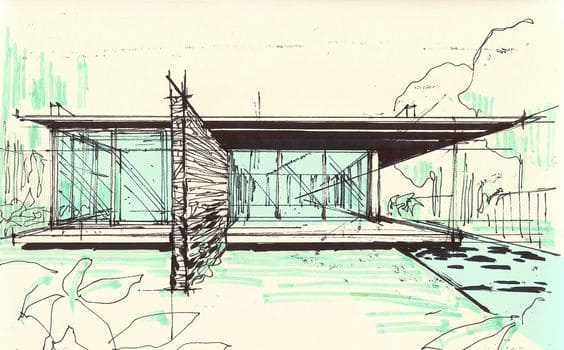 Desenhos de arquitetura: croqui de casa no bosque (Projeto: Cornetta Arquitetura)