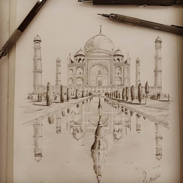 Desenhos de arquitetura: Taj Mahal desenhado com lapiseira (@felipedecastro.arq)